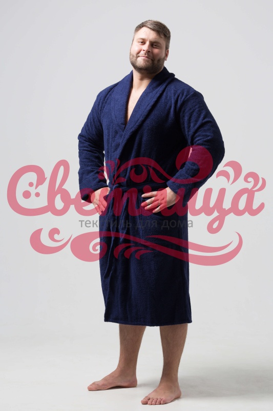 [МК] Мужской классический махровый халат с шалькой (Темно-синий)